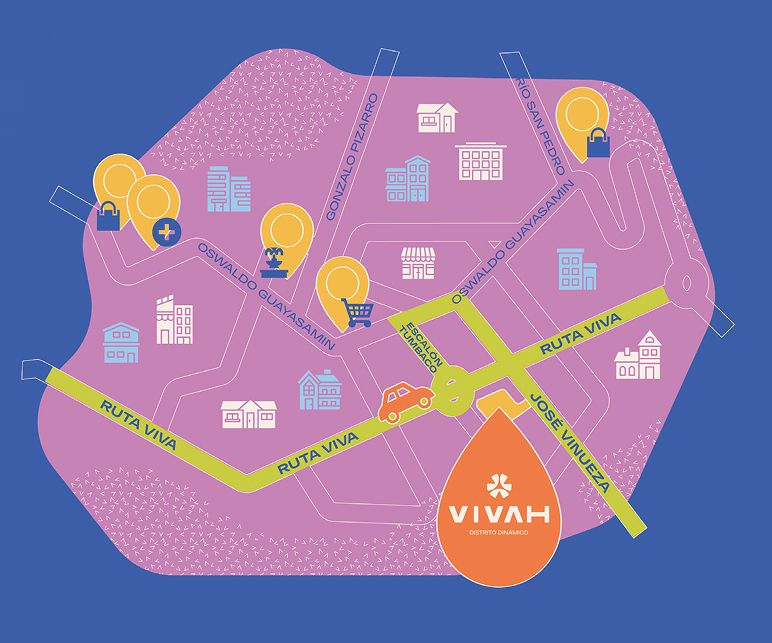 Mapa de ubicación proyecto VIVAH y distancias cercanas desde Ruta Viva Tumbaco.
